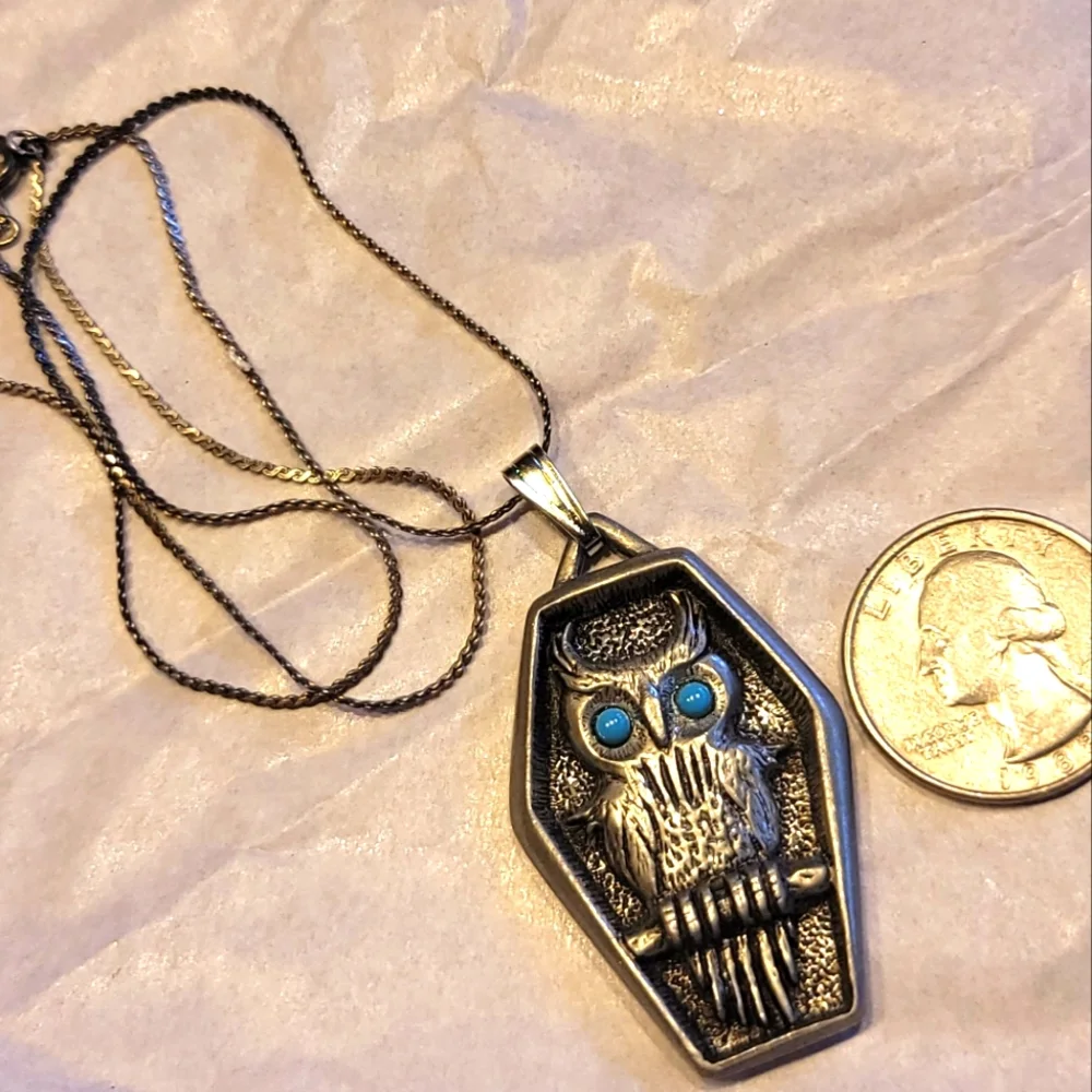 VTG J. Ritter Signed Pewter Owl Necklace With Blue Eyes, Silver Tone 24" - Picture 6 of 6